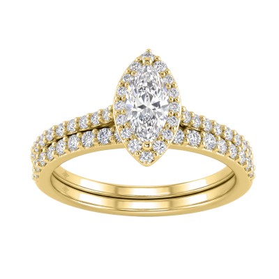 14K Yellow Gold 1.00CT Marquise & Round Lab-Grown Diamond Ladies Halo Engagement Bridal Set (Color F-G -Clarity VS1/VS2)