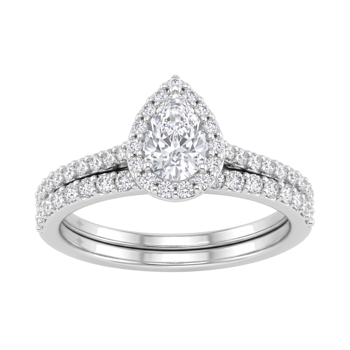 14K White Gold 1.00CT Pear & Round Lab-Grown Diamond Ladies Halo Engagement Bridal Set (Color F-G -Clarity VS1/VS2)