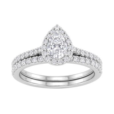 14K White Gold 1.00CT Pear & Round Lab-Grown Diamond Ladies Halo Engagement Bridal Set (Color F-G -Clarity VS1/VS2)