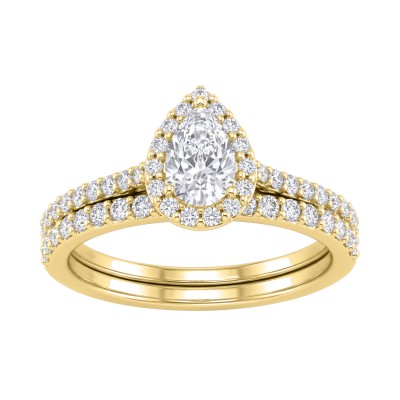 14K Yellow Gold 1.00CT Pear & Round Lab-Grown Diamond Ladies Halo Engagement Bridal Set (Color F-G -Clarity VS1/VS2)