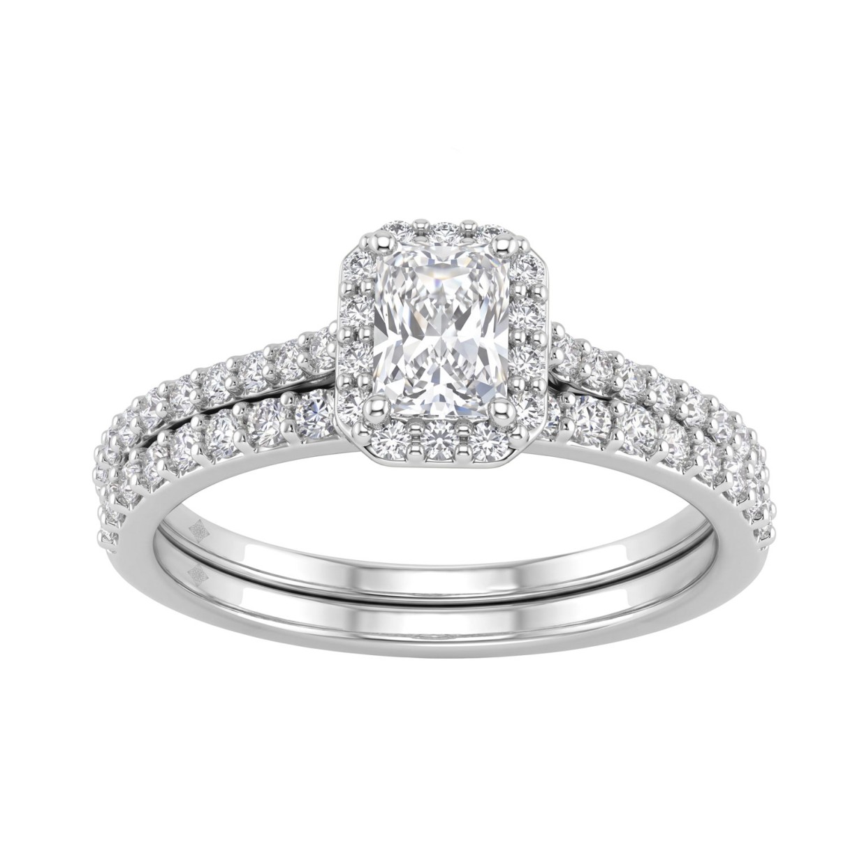 10K White Gold 1.00CT Radiant & Round Lab-Grown Diamond Ladies Halo Engagement Bridal Set (Color F-G -Clarity VS1/VS2)
