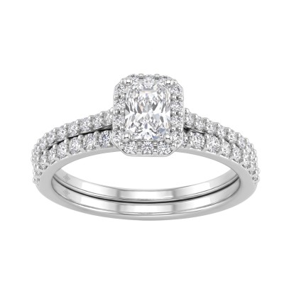 14K White Gold 1.00CT Radiant & Round Lab-Grown Diamond Ladies Halo Engagement Bridal Set (Color F-G -Clarity VS1/VS2)