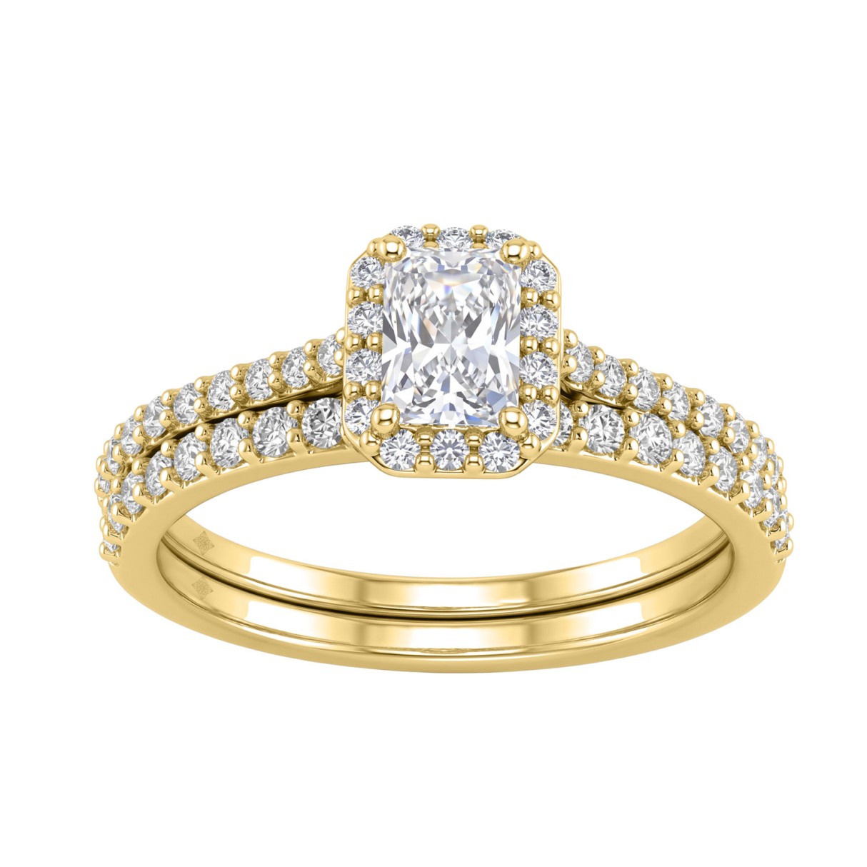 14K Yellow Gold 1.00CT Radiant & Round Lab-Grown Diamond Ladies Halo Engagement Bridal Set (Color F-G -Clarity VS1/VS2)