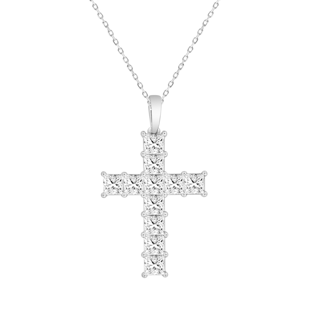 LADIES CROSS PENDANT WITH CHAIN 2 3/4CT PRINCESS DIAMOND 14K WHITE GOLD