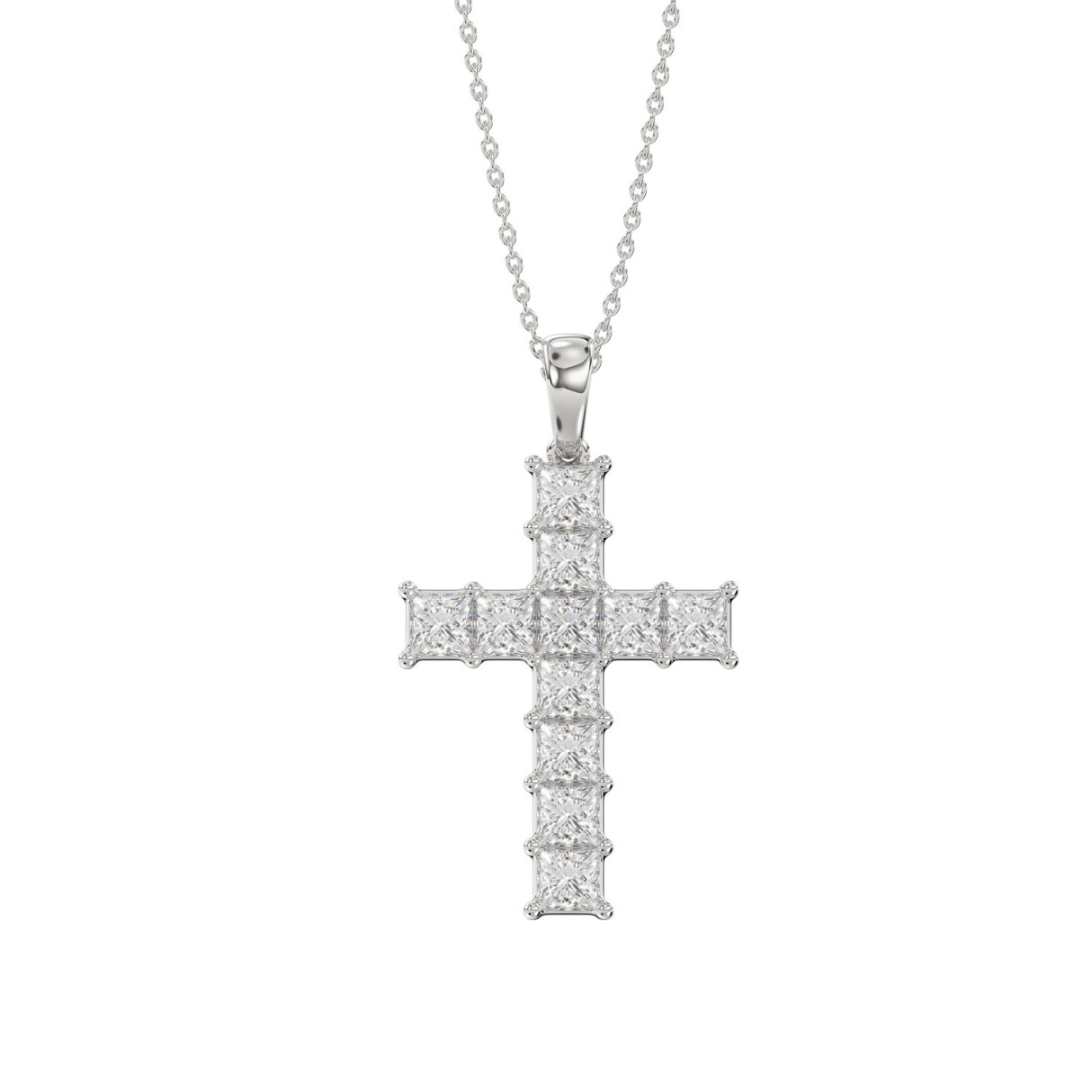 LADIES CROSS PENDANT WITH CHAIN 2 3/4CT PRINCESS DIAMOND 14K WHITE GOLD