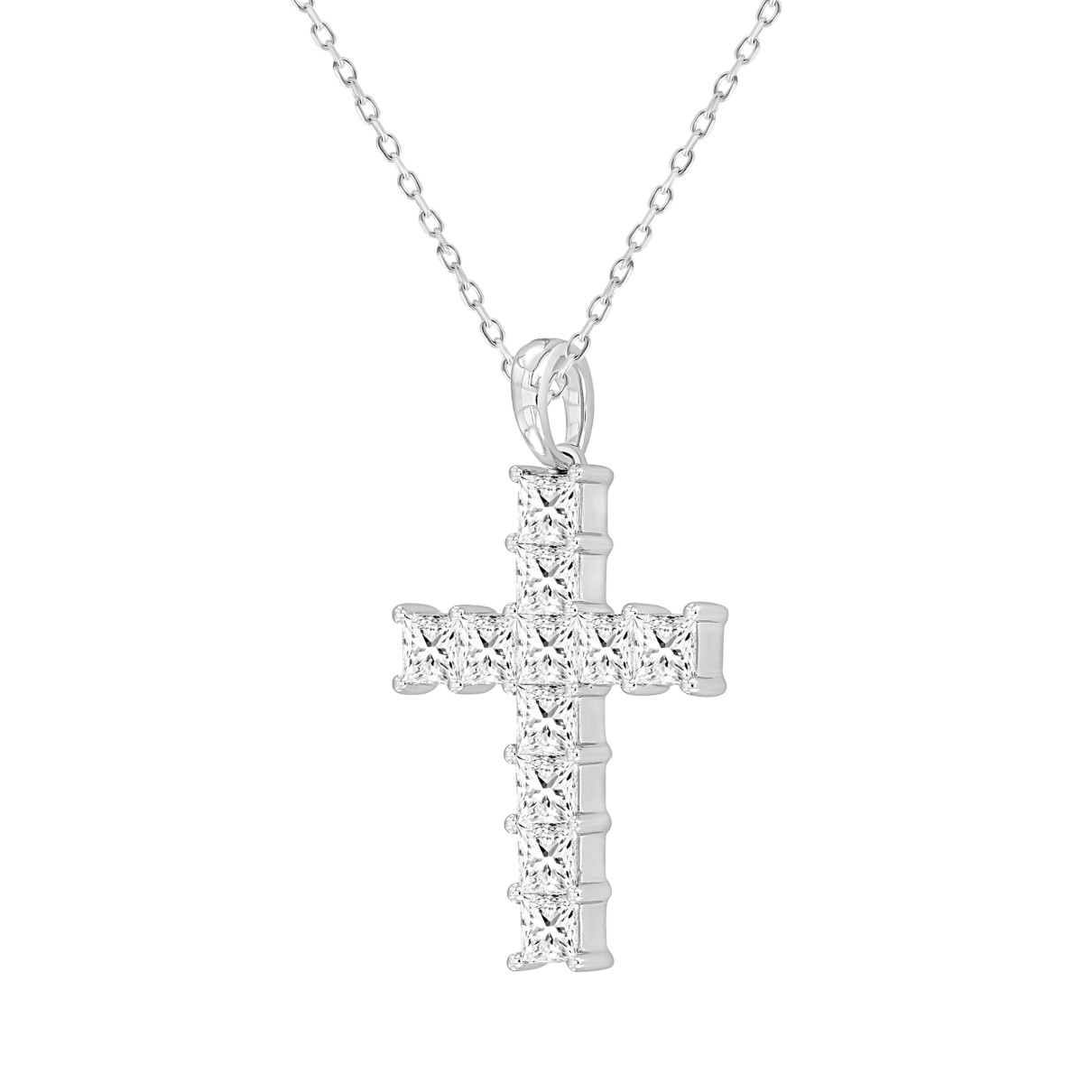 LADIES CROSS PENDANT WITH CHAIN 2 3/4CT PRINCESS DIAMOND 14K WHITE GOLD