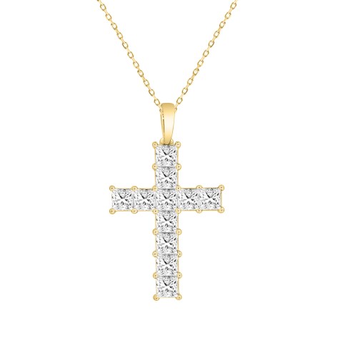 LADIES CROSS PENDANT WITH CHAIN 2 3/4CT PRINCESS DIAMOND 14K YELLOW GOLD