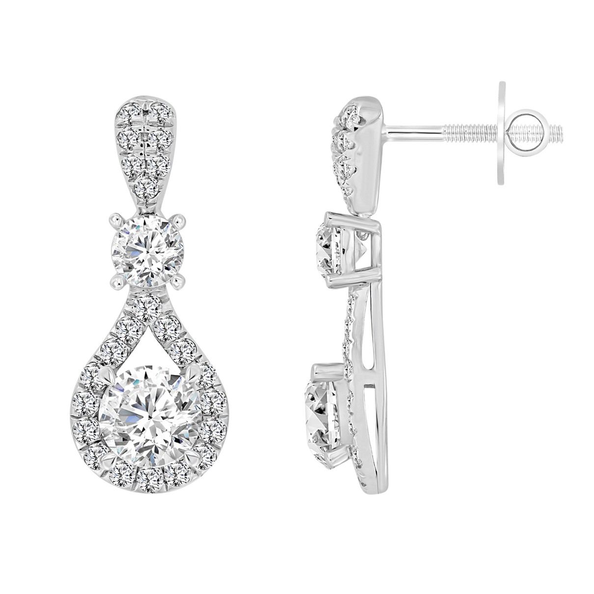 LADIES EARRINGS 3 1/2 CT ROUND DIAMOND 14K WHITE GOLD (CENTER STONE ROUND DIAMOND 2CT )