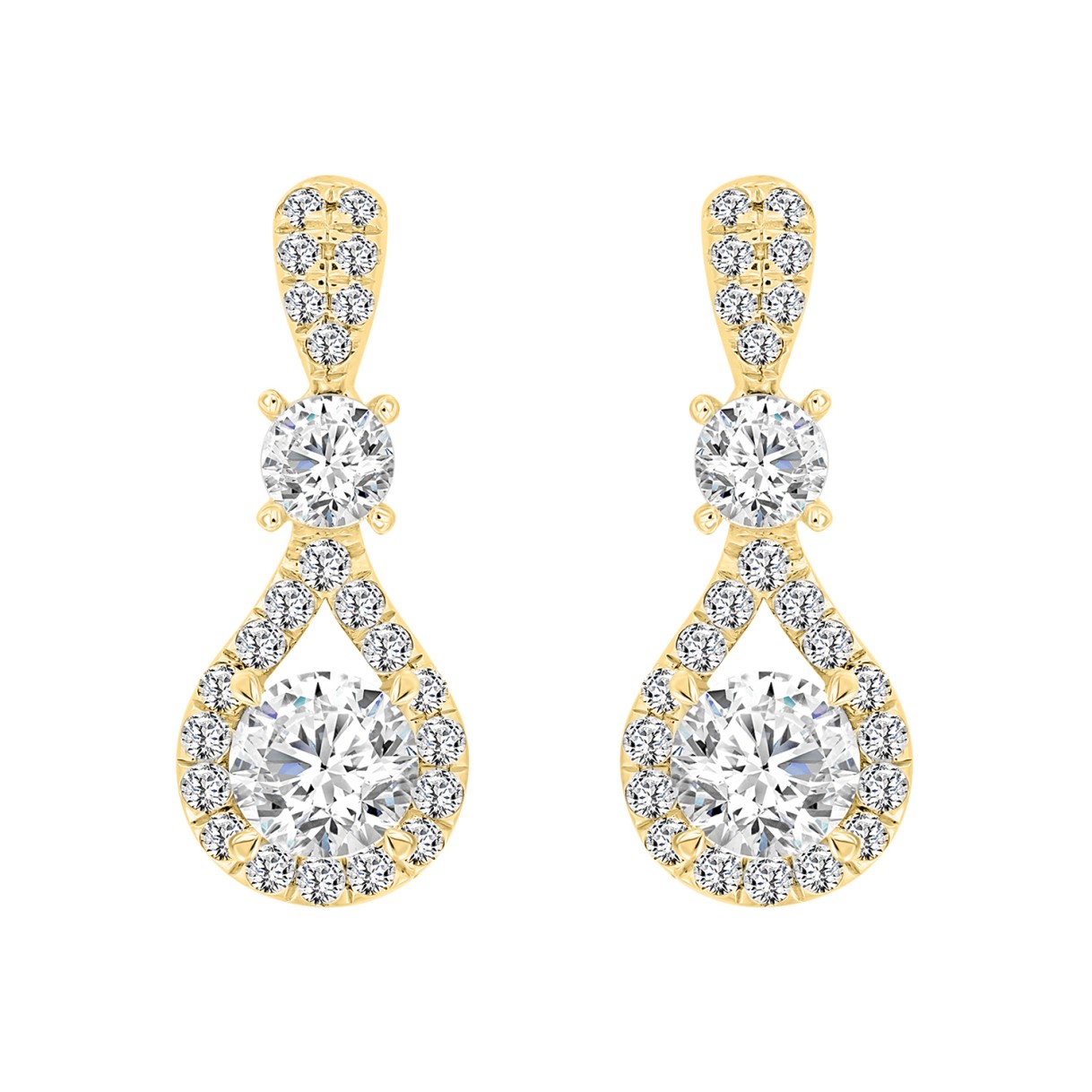 LADIES EARRINGS 3 1/2 CT ROUND DIAMOND 14K YELLOW GOLD (CENTER STONE ROUND DIAMOND 2CT )