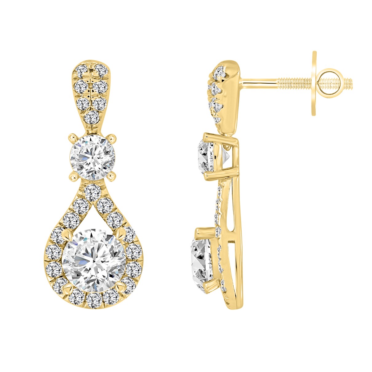 LADIES EARRINGS 3 1/2 CT ROUND DIAMOND 14K YELLOW GOLD (CENTER STONE ROUND DIAMOND 2CT )