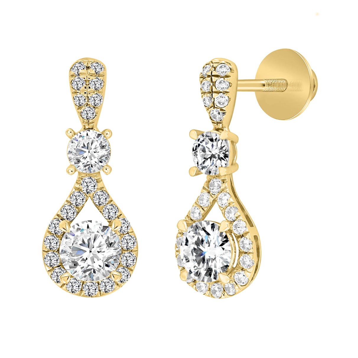 LADIES EARRINGS 3 1/2 CT ROUND DIAMOND 14K YELLOW GOLD (CENTER STONE ROUND DIAMOND 2CT )