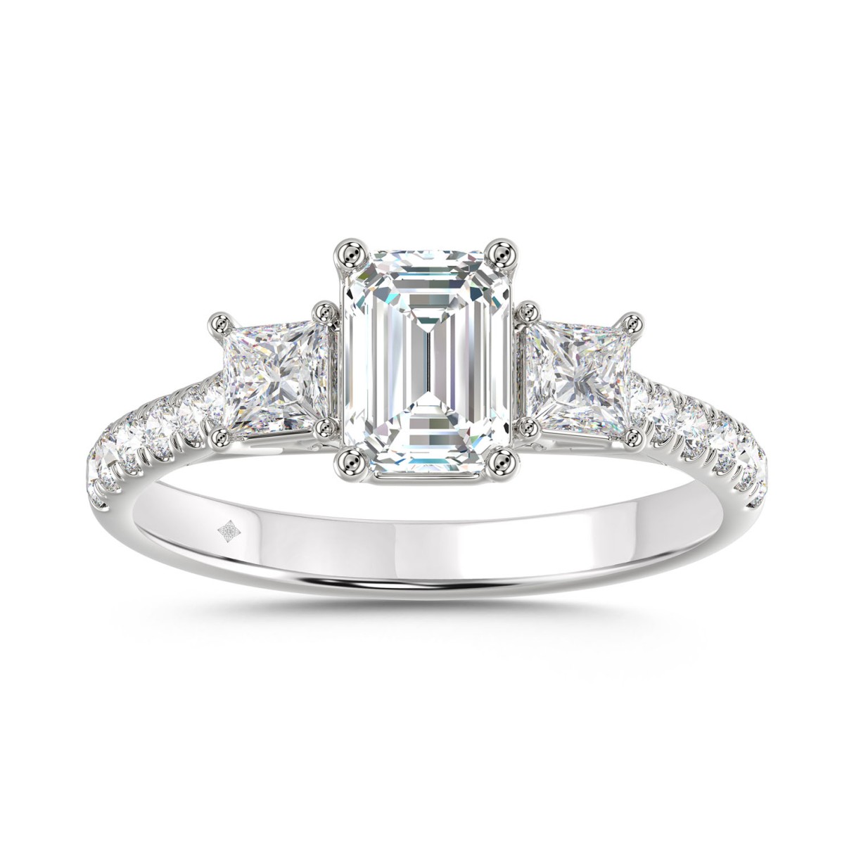 LADIES RING 1 7/8CT EMERALD/PRINCESS/ROUND DIAMOND 14K WHITE GOLD (CENTER STONE EMERALD DIAMOND 1CT )