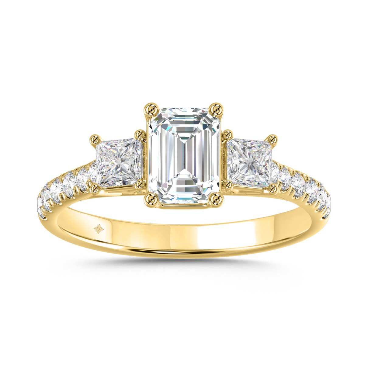 LADIES RING 1 7/8CT ROUND/EMERALD/PRINCESS DAIMOND 14K YELLOW GOLD (CENTER STONE EMERALD DIAMOND 1CT )