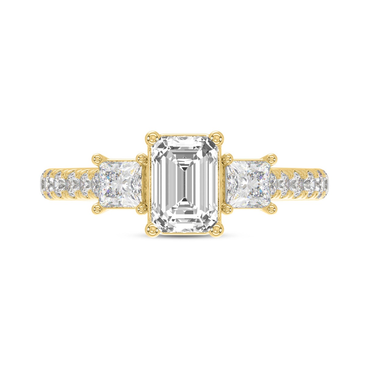 LADIES RING 1 7/8CT ROUND/EMERALD/PRINCESS DAIMOND 14K YELLOW GOLD (CENTER STONE EMERALD DIAMOND 1CT )