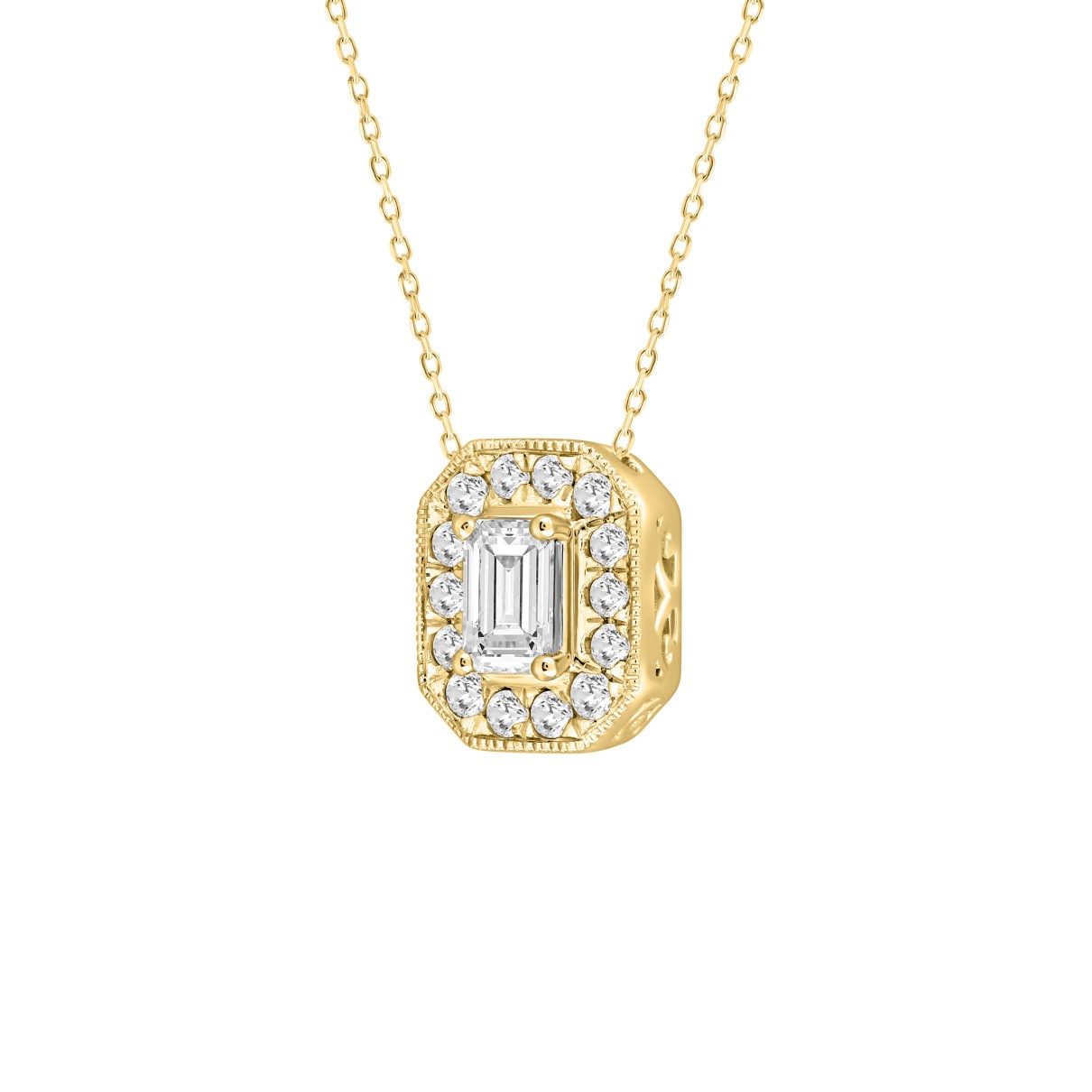 LADIES PENDANT 1CT ROUND/EMERALD DIAMOND 14K YELLOW GOLD (CENTER STONE EMERALD DIAMOND 3/4CT )