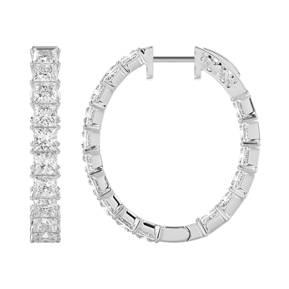 LADIES HOOP EARRINGS 5CT PRINCESS DIAMOND 14K WHITE GOLD