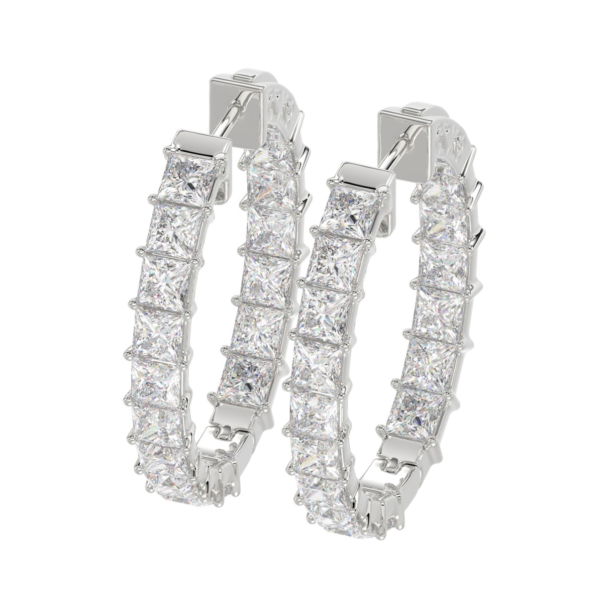 LADIES HOOP EARRINGS 5CT PRINCESS DIAMOND 14K WHITE GOLD