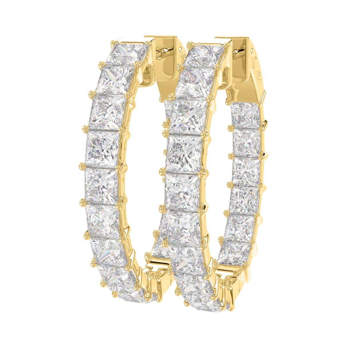 LADIES HOOP EARRINGS 5CT PRINCESS DIAMOND 14K YELLOW GOLD