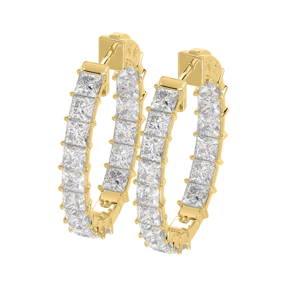 LADIES HOOP EARRINGS 5CT PRINCESS DIAMOND 14K YELLOW GOLD