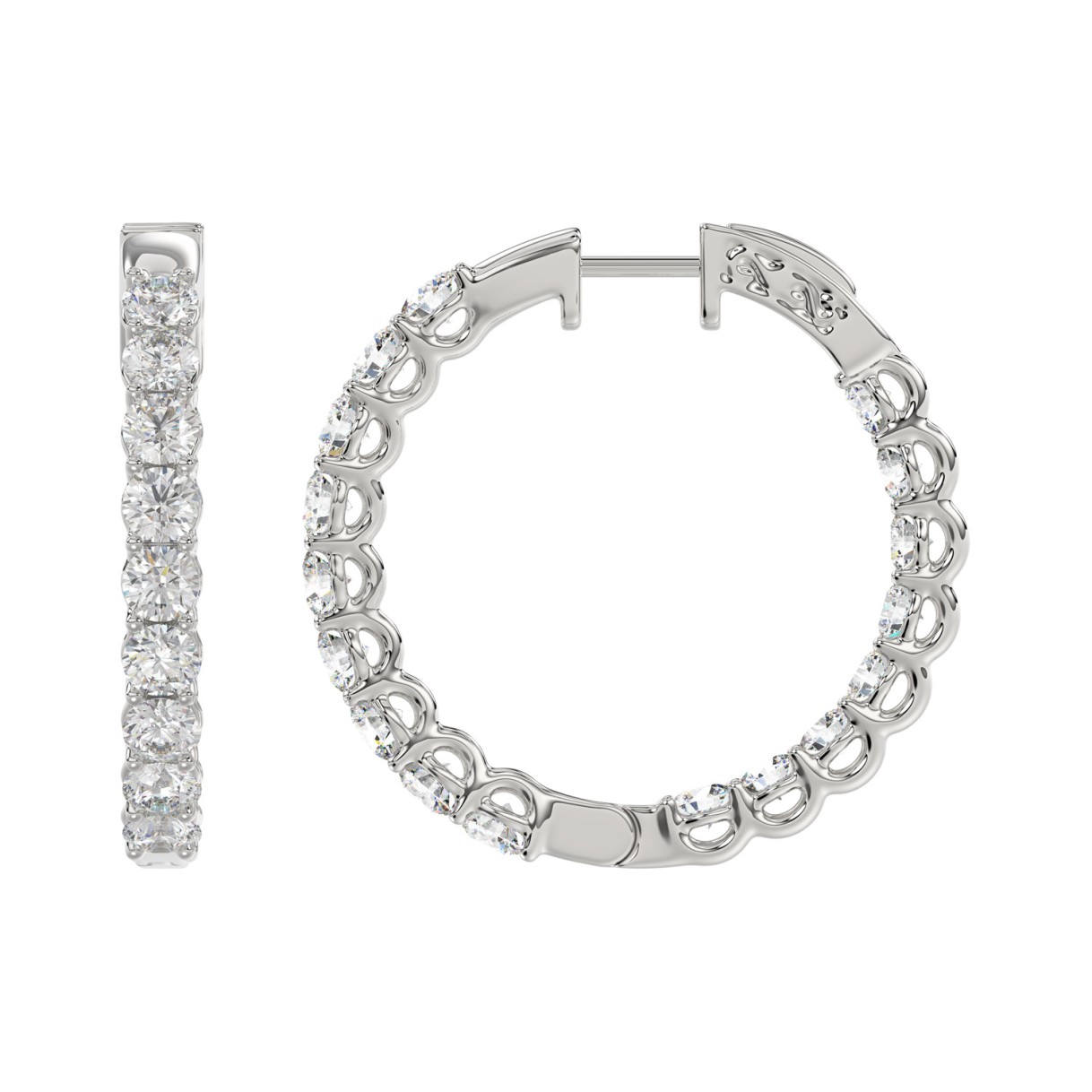 LADIES HOOP EARRINGS 3CT ROUND DIAMOND 14K WHITE GOLD