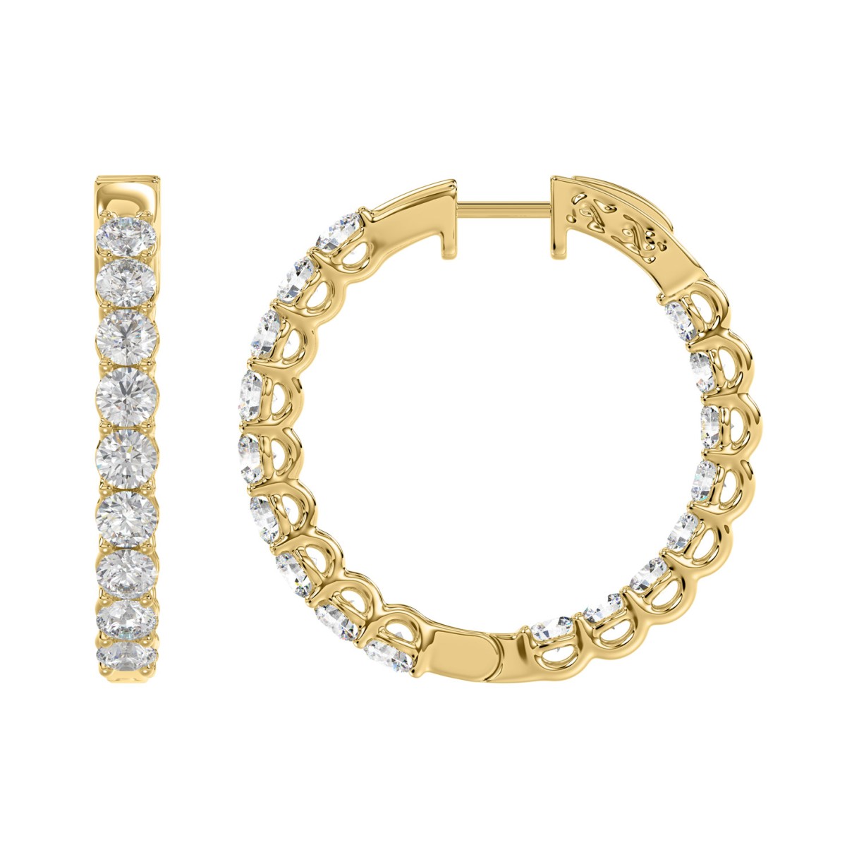 LADIES HOOP EARRINGS 3CT ROUND DIAMOND 14K YELLOW GOLD