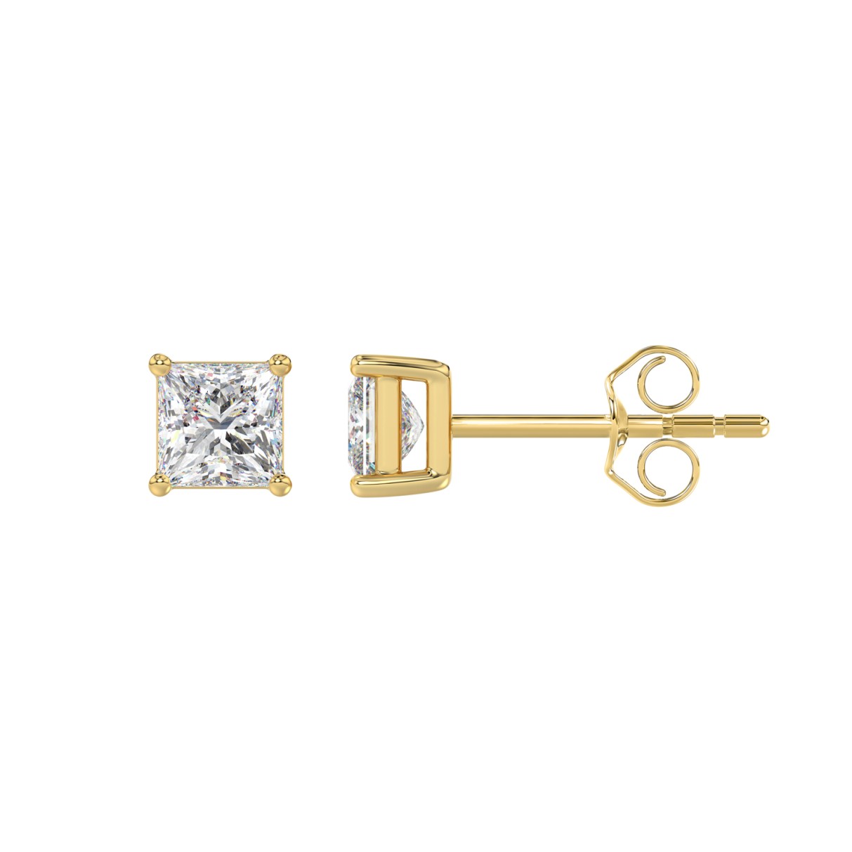 LADIES SOLITAIRE EARRINGS 1CT PRINCESS DIAMOND 14K YELLOW GOLD