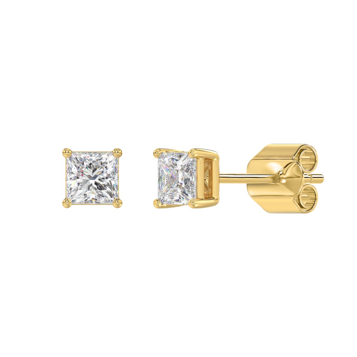 LADIES SOLITAIRE EARRINGS 1CT PRINCESS DIAMOND 14K YELLOW GOLD