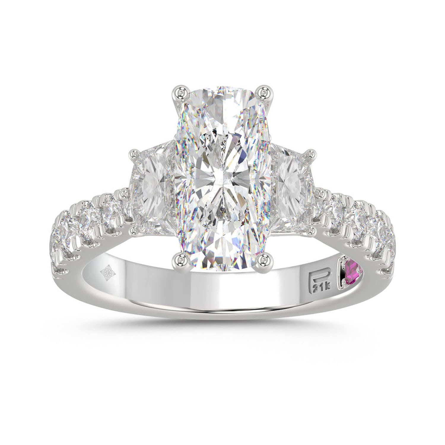 21K PLATINUM LADIES RING WITH 3 1/3CT ROUND/CUSHIO...